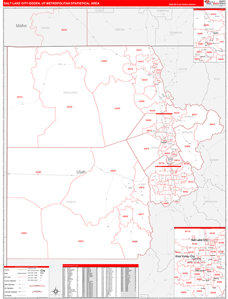 Salt Lake City Metro Area Wall Map Red Line Style